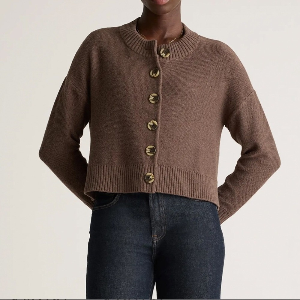 Quince Heather Brown 100% Organic Cotton Cropped Cardigan Sweater Sz Small Soft